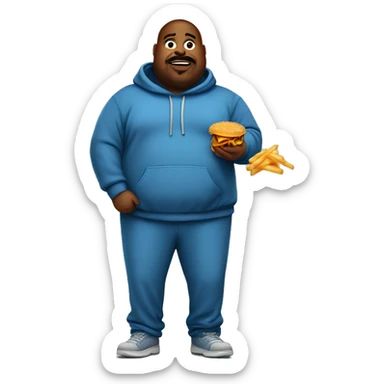 fat man in dirty blue sweatsuit with chili cheese fries in his mouth sticker