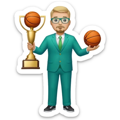 Full Body white plus size man  wearing glasses with a goatee with dirty blond short hair basketball head Coach in blue and green suit holding trophy sticker