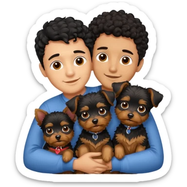 Young man with little brown skin, black curly hair, cheerful dark brown eyes, hugging two yorkie terrier  sticker