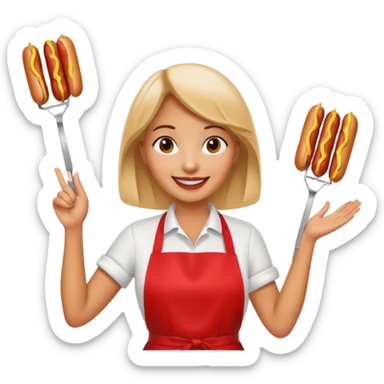 A cheerful woman selling hotdogs, waving a tongs in one hand. sticker