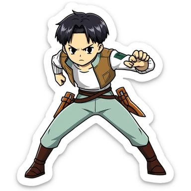 Levi Ackerman from Attack on Titan in battle stance with ODM gear, black undercut hair, serious expression sticker