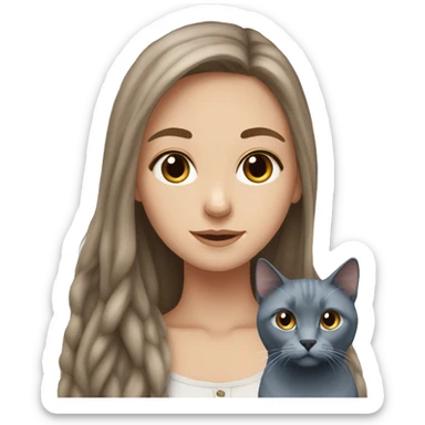 White girl who Has Brown long hair and russian blue cat together sticker