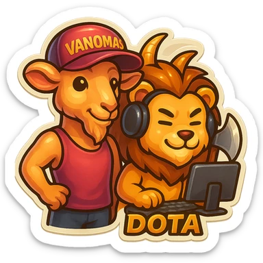 Add a humanoid goat character next to the existing subject, wearing a pink tank top and a cap with the inscription 'VANOMAS', in the style of a Telegram sticker, maintaining transparent background. sticker