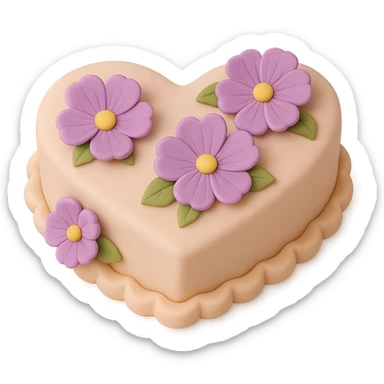Remove the birthday candles, keep only the heart-shaped fondant cake with purple flowers, fondant cake art style, transparent background. sticker