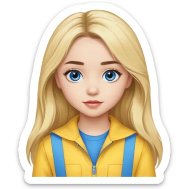 Sabrina Carpenter blue eyes, long blonde hair, yellow outfit sticker