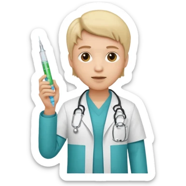 emoji comprando con traje de doctora con una jeringa en la mano sticker