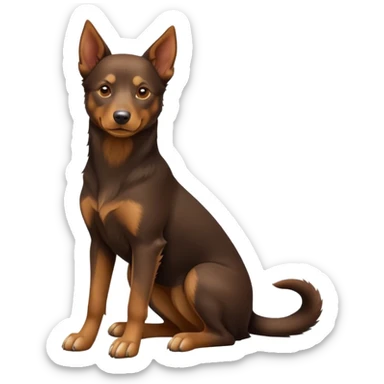 cinematic-[australian kelpie]-realistic-full-body-sitting-emoji,-tail-resting-loosely-beside-its-paws,-head-tilted-dramatically, -sleek-[Brown and tan]-fur,-simplified-yet-realistic-focused-features,-highly-detailed,-glowing-with-an-almost-sarcastic-glow sticker
