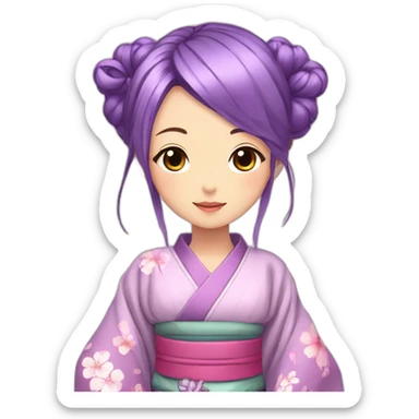 girl long purple and pink hair anime kimono and butterfly in head sticker