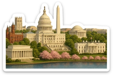 cinematic realistic emoji of Washington DC, wide city view with iconic landmarks: US Capitol, Washington Monument, Lincoln Memorial, Jefferson Memorial, White House, Smithsonian Castle, National Cathedral, Supreme Court, and the Tidal Basin with cherry blossoms. Lifelike detail, accurate colors, bright daytime lighting, no sky, no clouds, no city name label, transparent background sticker