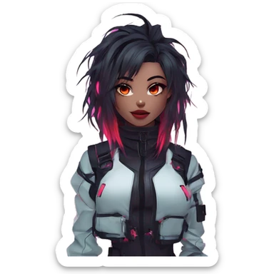 Gorgeous futuristic glowing neon techwear anime style lady with blushing face aesthetic and pretty edgy black red punk messy wild cute hair with collar and harness trending style sticker