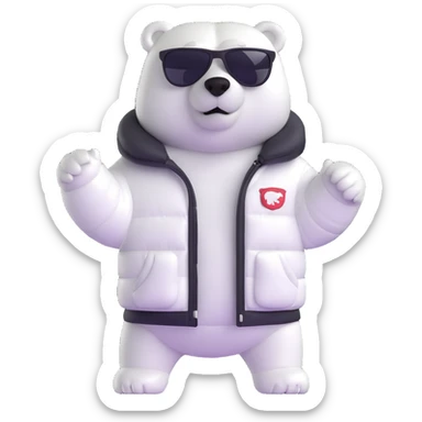 polar bear wearing a white puffer jacket and sunglasses sticker