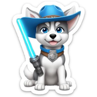 Gray Siberian Husky with blue eyes puppy wearing a cowboy hat dressed in Jedi clothing Holding a Lightsaber with the Paw sticker
