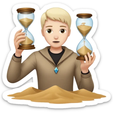Character holding a broken hourglass, sand frozen mid-air sticker