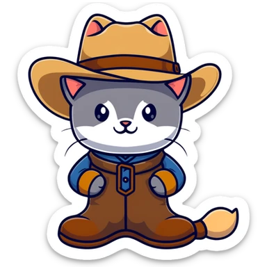 Grey kitten wearing a tan cowboy hat and brown boots sticker