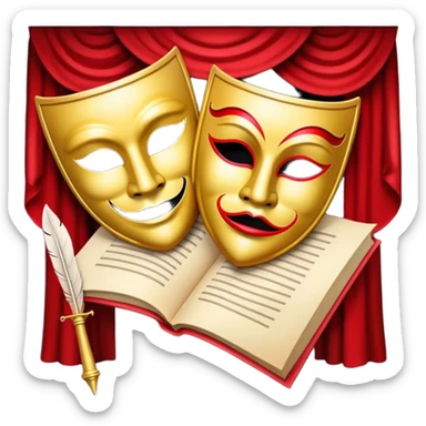 Create a bold and dramatic emoji representing the art of playwriting. The design should feature an open script or a theater playbook, with stylized text lines or dramatic dialogue inside. Include elements like a theatrical mask (comedy or tragedy), a stage spotlight, or a quill to symbolize creativity and performance. Use deep, contrasting colors like red, black, and gold to evoke the intensity and passion of drama. The overall design should feel dramatic, inspiring, and artistic. Make the background transparent. sticker