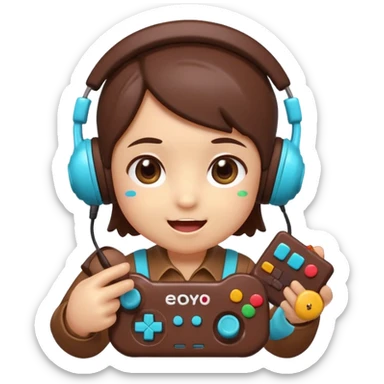 Cartoon chocolate mini pastry wearing tiny headset, holding tiny controller, focused excited eyes, chibi style, Twitch emoji style, transparent background, colorful
 sticker