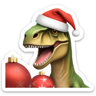 A T rex in a Christmas hat and jumper, next to a Christmas tree  sticker