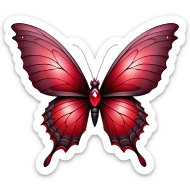 A breathtaking Gothic butterfly with wings adorned in a mesmerizing gradient of ruby, scarlet, burgundy, Venetian, and rustic red takes flight in the foreground. Behind it, dark and weathered crosses stand shrouded in crimson mist, creating a haunting yet beautiful contrast. sticker
