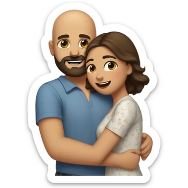Brown-haired Puerto Rican woman with dark brown eyes wearing a cute blouse giving a comforting hug to a short, bald man with brown eyes, laugh lines, and a beard sticker