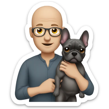 Bald man holding dark grey french bulldog  sticker
