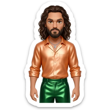 Jason Momoa with hazel eyes, dark brown long hair, light orange metallic shirt, green metallic baggy pants, silver necklace sticker