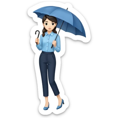 female smart light blue blouse, dark trousers, shoes. one hand holding an umbrella sticker