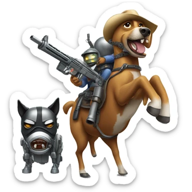 Angry dog riding a horse with machine gun and a robot mask.  sticker