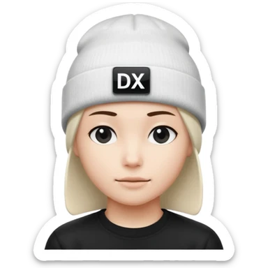 wearing a white beanie with an black square logo with the word "DX" written on it.

 sticker