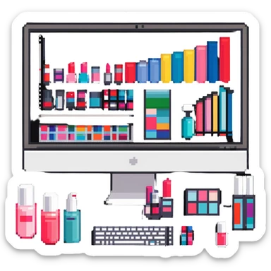 iMac computer with colorful bar charts and beauty products like lipstick, nail polish, cream jars on the screen sticker