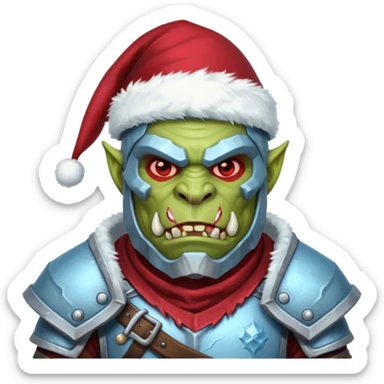 
Fantasy Christmas orc legion soldier icon, iron tundra army theme, heavy winter armor, disciplined brutal look, icy blue steel armor with deep crimson accents, frozen metal texture, cold winter atmosphere, male variant sticker