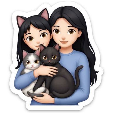 happy girl with black hair hugging three cats  (black cat, gray cat, brown calico cat) sticker
