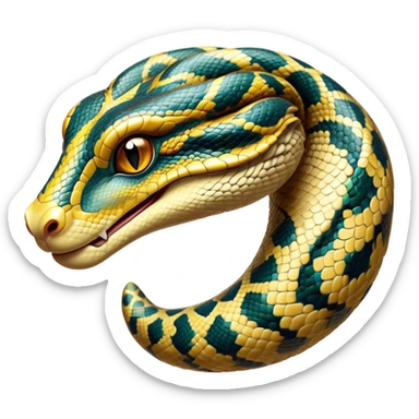 Cinematic Noble Python Portrait Emoji, Poised and regal, with a powerful, sinuous body adorned in intricate scale patterns and piercing, focused eyes, Simplified yet sharp and sophisticated features, highly detailed, glowing with a soft, earthy glow, high shine, intelligent and formidable, stylized with an air of primal elegance, focused and commanding, soft glowing outline, capturing the essence of a watchful and confident serpent that appears ready to coil out of the screen with effortless authority! sticker