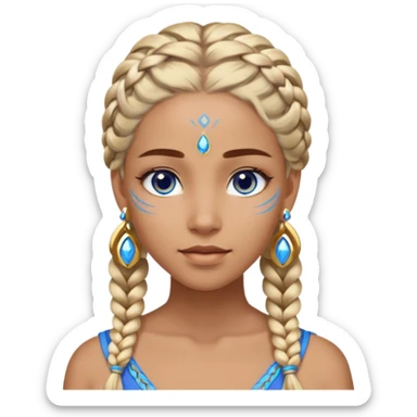 Draw a Na’vi female with glowing blue skin, white forehead markings, braided hair, gold earrings & a calm gaze. sticker