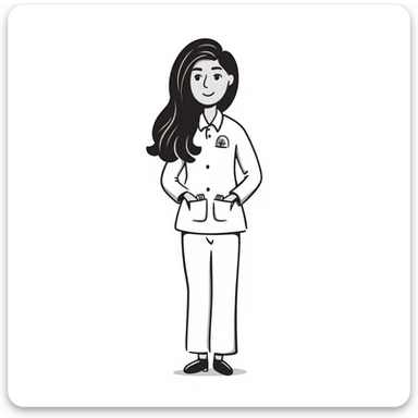 young woman, brown long wavy hair, medical white clothes, friendly, front view, smiling sticker