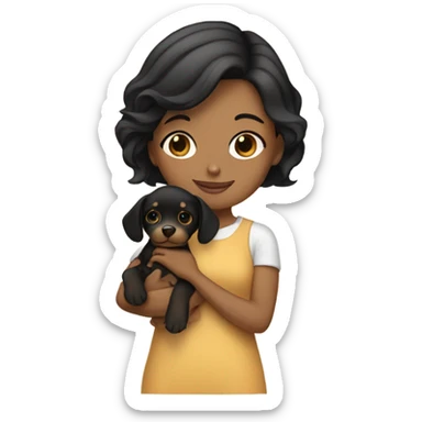 tan girl with black bob holding brown puppy sticker