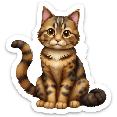 cinematic-[tortoiseshell tabby cat]-realistic-full-body-sitting-emoji,-tail-curled-playfully-around-its-paws,-head-tilted-dramatically,-scruffy-[dark faced tortoiseshell coloured]-fur,-simplified-yet-realistic-focused-features,-highly-detailed,-glowing-with-an-almost-sarcastic-glow sticker
