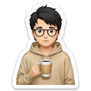 a light tan handsome boy with messy a black hair and spectacles. wearing a beige oversized and loose hoodie with a coffee in hand sticker