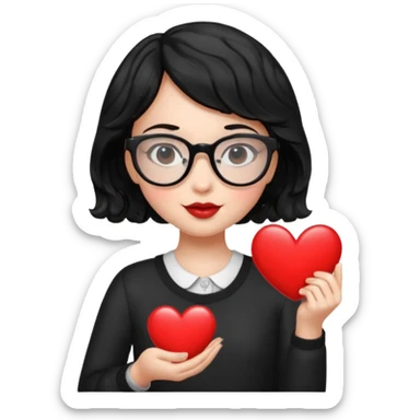 niña con pelo corto ondulado color negro con lentes negros y tenga un corazon en la mano sticker