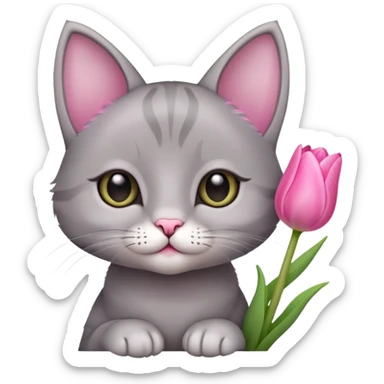 A cute grey little cat and a tulip sticker