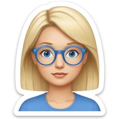 femme 40 ans cheveux garçon blond avec raie sur le coté, yeux bleu et lunettes rondes bleues sticker