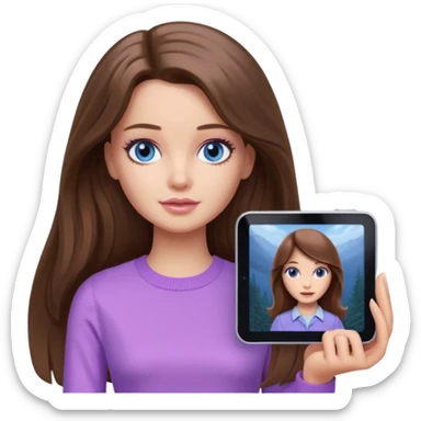 beautiful barbie girl with long brown hair, blue eyes and wearing light purple clothes watching stranger things on tv sticker