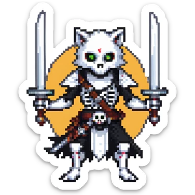 pixel art ninja skeleton wielding swords, accompanied by a white wolf sticker