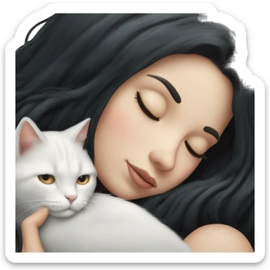 A pretty white girl with very long black hair and sleeping curled up to a white cat  sticker