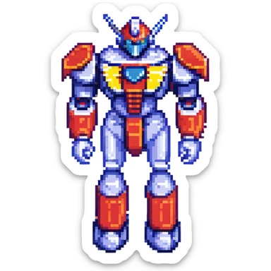 Voltes V robot in classic 8-bit pixel art style, standing pose, retro video game look, detailed and colorful sticker