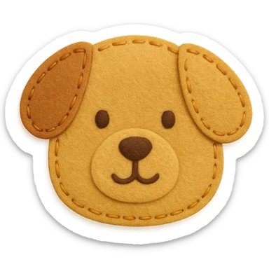 <StylePrompt>
  <Name>Minimal Felt Appliqué Icon</Name>
  <Description>
    A soft, handcrafted felt icon style with lightly padded forms, simple shapes, and clean outlines. Features slightly more visible stitching for tactile charm while maintaining a low-detail aesthetic.
  </Description>
  <VisualProperties>
    <Material>Felt</Material>
    <Texture>Soft, matte surface with subtle fiber detail</Texture>
    <Stitching>
      <Type>Threaded edge stitch</Type>
      <Color>Muted orange or warm brown</Color>
      <Pattern>Evenly spaced running stitch around edges</Pattern>
      <Thickness>Medium (approximately 10% more pronounced than minimal)</Thickness>
      <Contrast>Moderate (stitch color clearly distinct from base felt)</Contrast>
    </Stitching>
    <Padding>Low to moderate—slightly raised but not deeply dimensional</Padding>
    <Edges>Smooth and rounded with clean curves</Edges>
    <ColorPalette>
      <Primary>Warm yellows, oranges, and browns</Primary>
      <Accent>Dark brown for facial features</Accent>
      <Background>Neutral off-white or soft beige</Background>
    </ColorPalette>
  </VisualProperties>
  <FacialFeatures>
    <Eyes>Small round dots</Eyes>
    <Nose>Simple oval or triangle</Nose>
    <Mouth>Minimal curved line or none</Mouth>
    <DetailLevel>Low</DetailLevel>
  </FacialFeatures>
  <Rendering>
    <Lighting>Soft and diffused</Lighting>
    <Shadows>Subtle, barely visible</Shadows>
    <Perspective>Front or side profile, flat angle</Perspective>
  </Rendering>
  <Applicability>
    <SubjectType>Animals, symbols, objects</SubjectType>
    <OutputFormat>Icon, patch, or sticker</OutputFormat>
  </Applicability>
</StylePrompt>

{subject} = dog sticker