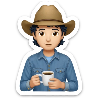 Ranch hand with blue hat and coffee mug, curly black hair sticker