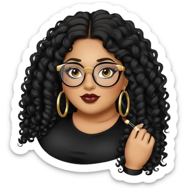 big plus size, latina, darker tan skin, gold hoops, long black curly hair, baddie,pretty, makeup, lipgloss, black eyeliner, long hair, black top, black glasses sticker