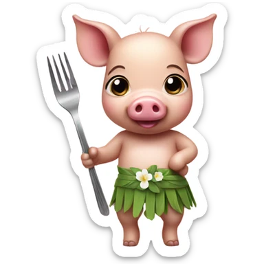 Baby pig wearing a hula skirt holding a fork sticker