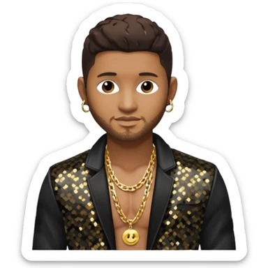 Usher with dark brown hair, black sequin jacket, shirtless with necklace  sticker