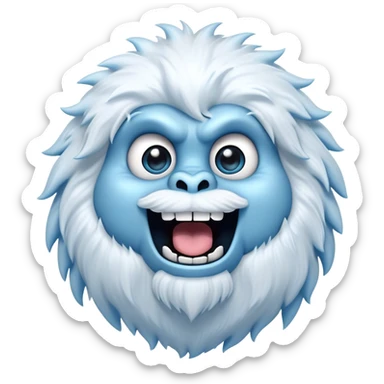 Cinematic Comical Yeti Portrait Emoji, with a cartoonishly exaggerated, fluffy figure in cool, frosty whites and icy blues, head tilted in an overly surprised expression with wide, comically sparkling eyes and a quirky, open-mouthed grin, simplified yet hilariously detailed, glowing with a soft frosty outline capturing the meme-worthy fun of a yeti in playful shock! sticker